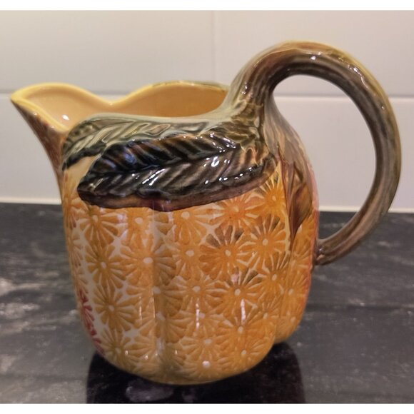 Hand-Painted Orange, Gold, Green Italian Flower-Pattern Ceramic Pitcher - Picture 2 of 4